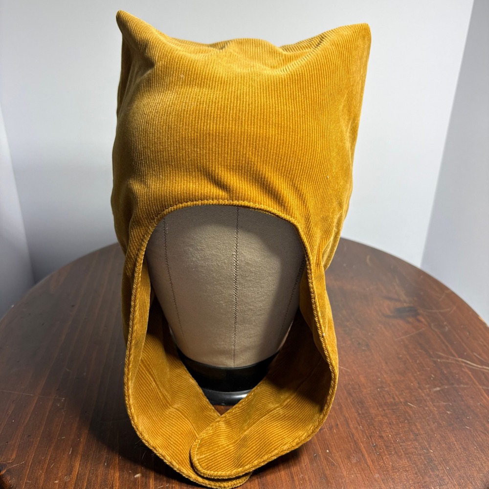 Merit Balaclava Unisex OS Mustard Yellow Corduroy Cat Ear Hood Chin Strap Retro